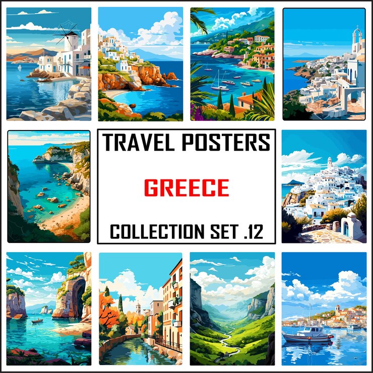 Vector poster de viaje a grecia impresión de arte de pared colección de paquetes wpa set 12