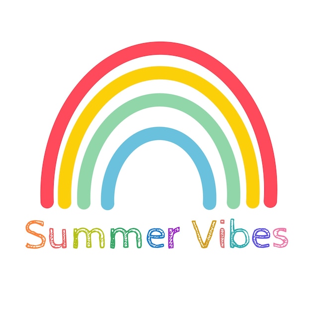 Poster de vibraciones de verano con arco iris colorido Arco iris lindo con texto de vibraciones del verano