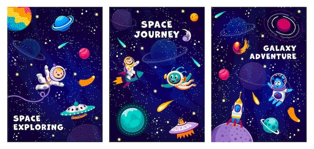 Pósteres espaciales con divertidos personajes de galaxia estrellada.