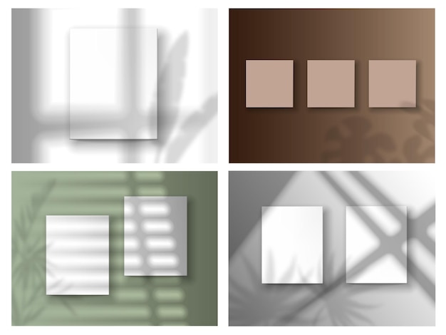 Vector pósteres de papel de superposición de sombras con marcos de ventanas de plantas tropicales borrosas y efecto de sombra de anteojeras plantilla realista vectorial