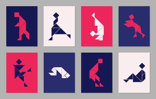 Pósters geométricos con 8 personas en tangram en diferentes poses. Diseño de portada de formas geométricas.