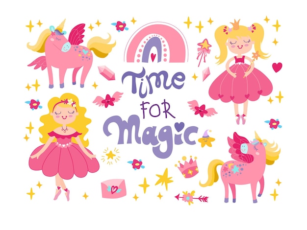 Pósters mágicos para niños con princesas y unicornios Pósters bonitos para niñas al estilo de dibujos animados Tiempo de magia