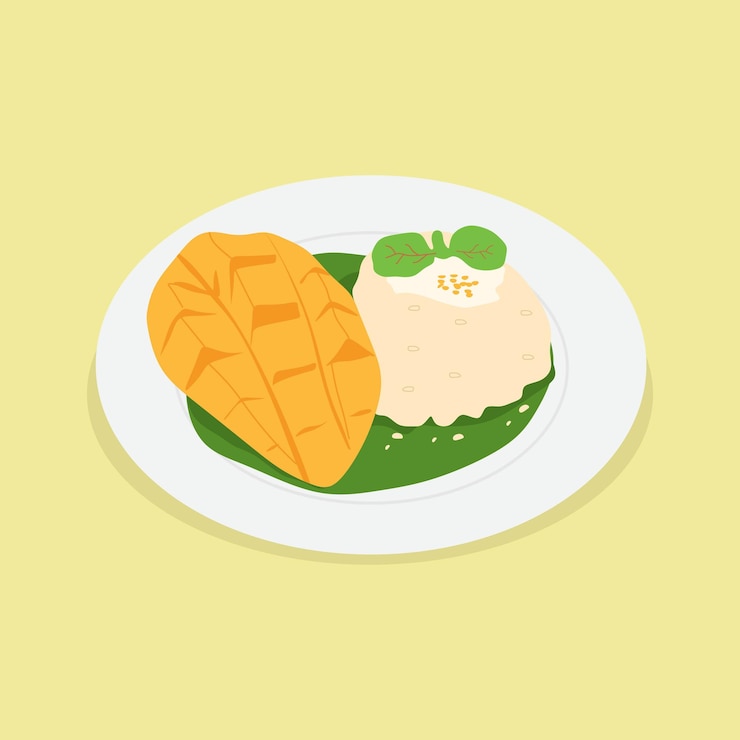 Vector postre de arroz pegajoso de mango tailandés postre de arroz pegajoso de mango tailandés dulce con ilustración vectorial de leche de coco