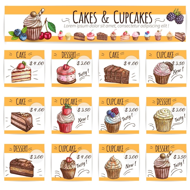 Postre banner boceto pasteles cupcakes tarjetas de precio