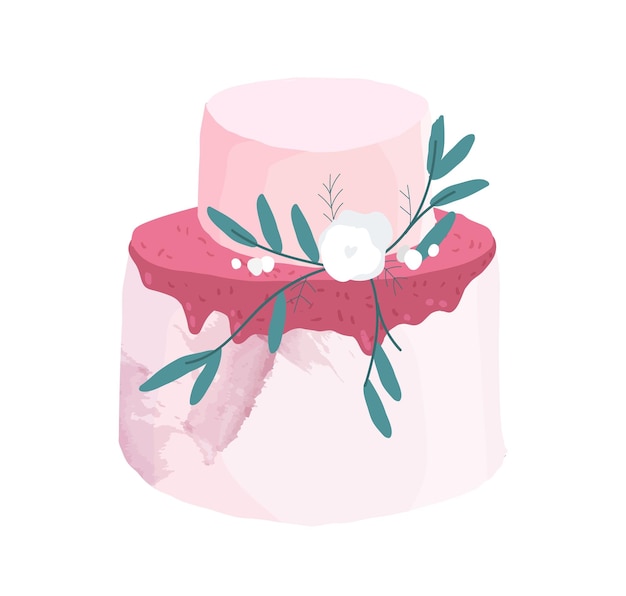 Postre de boda o cumpleaños decorado con ramitas con flores blancas y hojas. torta rosa festiva de dos niveles con sabor a arándanos. ilustración vectorial coloreada aislada sobre fondo blanco.