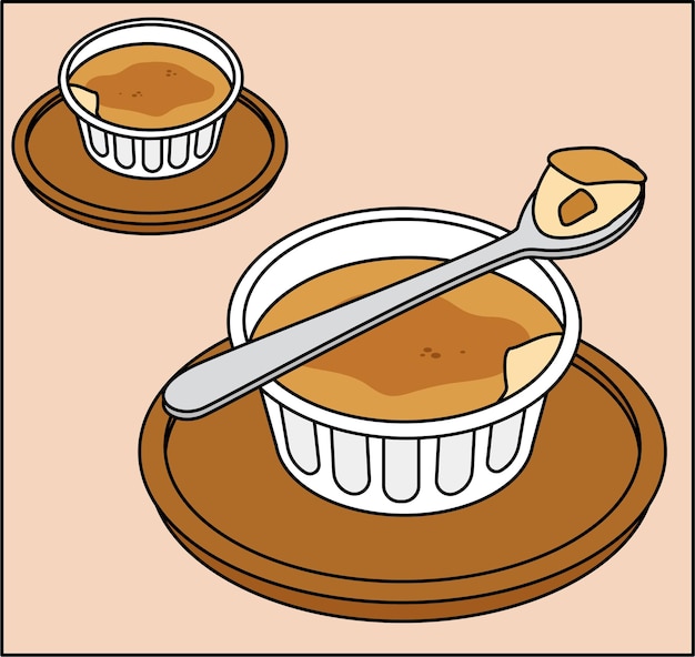 Un postre en un café creme brulee ilustración conjunto taza cuchara mesa postre mesa dibujo vectorial