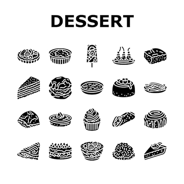 Postre comida dulce pastel dulces iconos conjunto vector