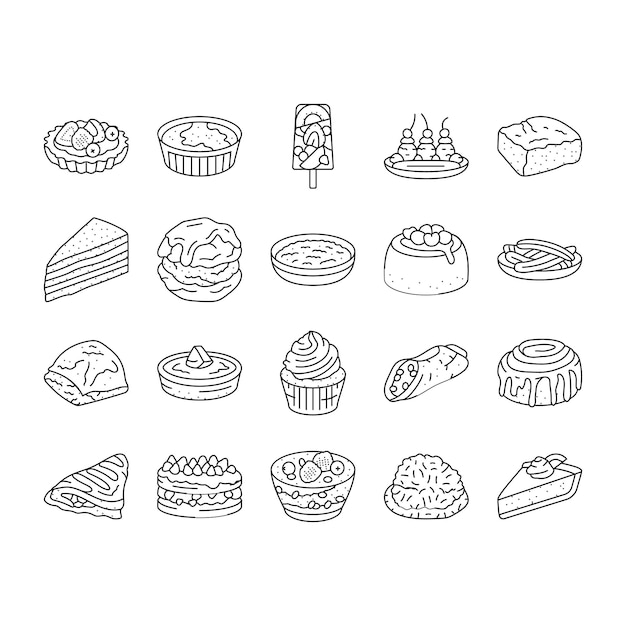 Postre comida dulce pastel dulces iconos conjunto vector