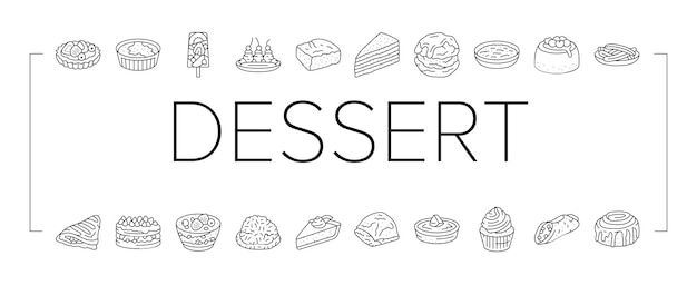 Postre comida dulce pastel dulces iconos conjunto vector