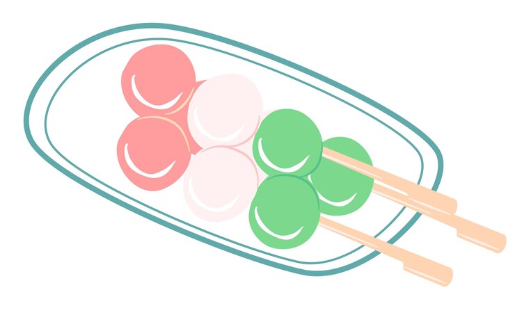 Vector postre dango japonés con 3 colores diferentes en el plato.
