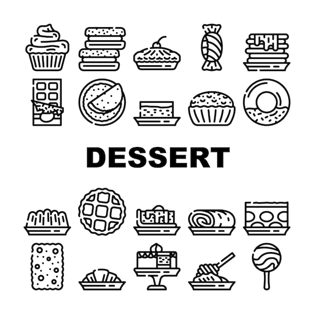 Postre Deliciosos iconos de la colección de comida Set Vector Donut con crema de chocolate y gofres de caramelo de piruleta afrutada y muffin Postre cremoso Ilustraciones de contorno negro
