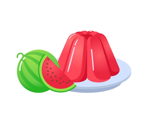 Postre dulce de gelatina roja en un plato con ilustración vectorial de dibujos animados de bayas de sandía