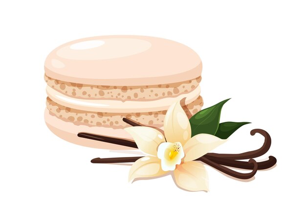 Postre francés de macarrón de vainilla con vainas de vainilla y flores frescas cerca