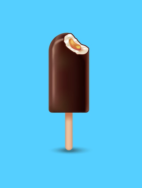 Postre frío de chocolate helado 3d detallado realista y caramelo en palo de madera Ilustración vectorial de comida dulce helado