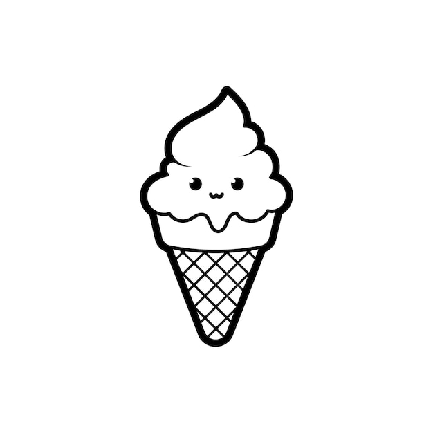 El postre de helado kawaii en una taza de waffle ilustración vectorial de contorno negro en estilo doodle