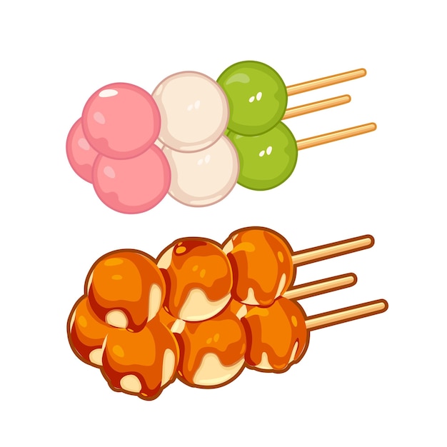 Vector postre japonés dango en forma de tres bolas en un palo. vector sobre fondo blanco.