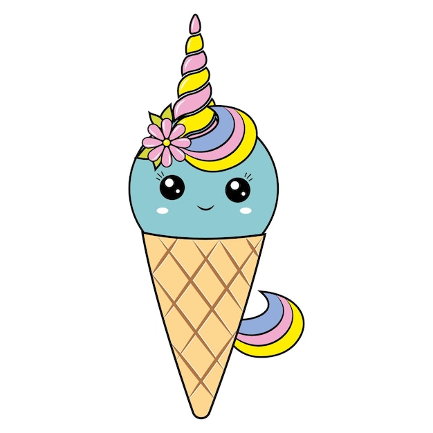 Postre kawaii de helado de unicornio en una ilustración de vector de color de taza de gofre en estilo de dibujos animados