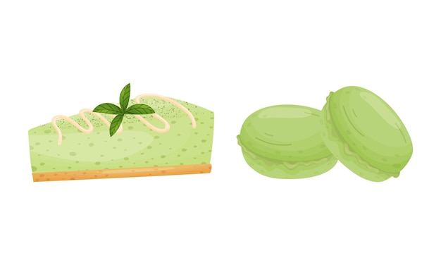 Postre de matcha verde con pastel de queso y conjunto vectorial de macarrones