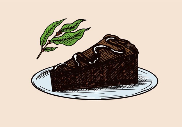 Postre. Pastel de chocolate y rama.