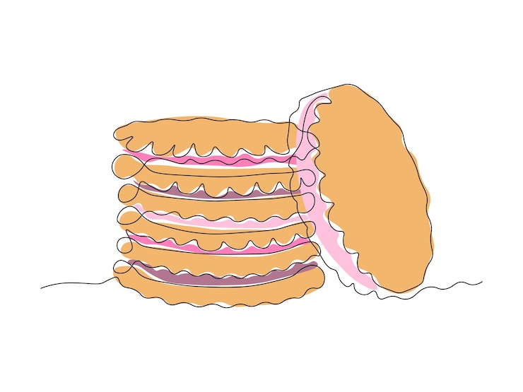 Vector postre pila de galletas con crema continua de una sola línea de arte dibujo boceto logotipo