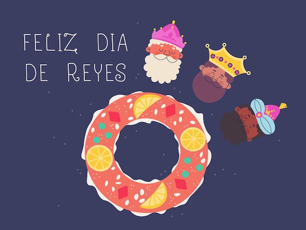 Postre tradicional español para el día de la Epifanía Lindas cabezas aisladas de Reyes Magos Inscripción en español Feliz Día de los Reyes Ilustración vectorial para el diseño de pegatinas de pancartas postales