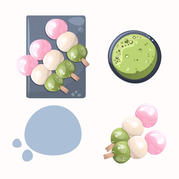 Vector postre tradicional japonés dango y té matcha. comida asiática, bebidas saludables, té verde.