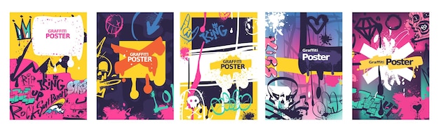 Postres de arte en spray Arte juvenil de la calle Poster creativo Etiquetas de graffiti en la pared Diseño decorativo de tarjetas Rap estilo estencil urbano Flyer portada escritura plantilla Ilustración vectorial elegante