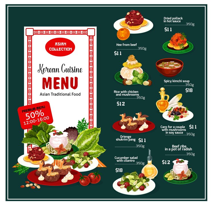 Vector postres de comida asiática coreana y cursos de menú.