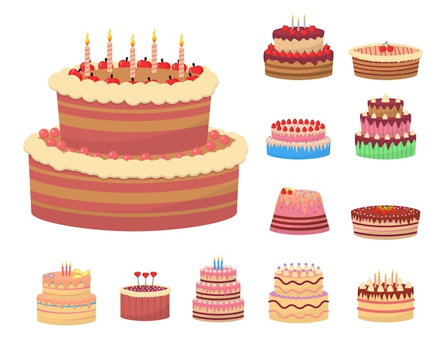 Postres deliciosos coloridos, pasteles de cumpleaños con velas de celebración y rebanadas de chocolate