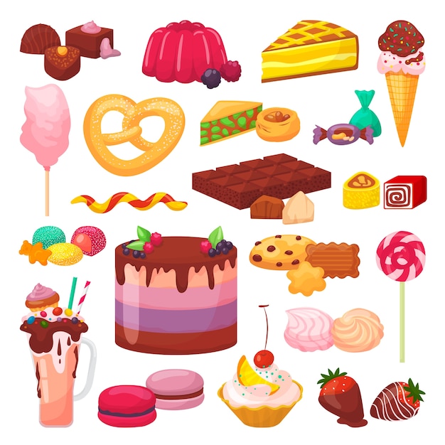 Postres dulces conjunto de ilustraciones. Pastel con crema, chocolate, repostería, panadería y postres, donut, cupcake, macarrones. Eclair, pastel, muffin o caramelos, colección de galletas de gelatina