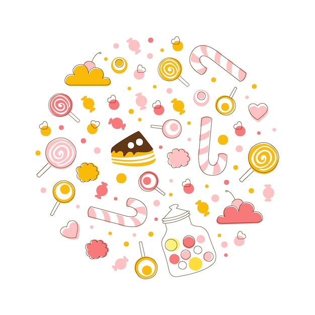 Postres dulces patrón sin costuras de forma redonda tienda de dulces bar café confitería diseño dibujos animados ilustración vectorial