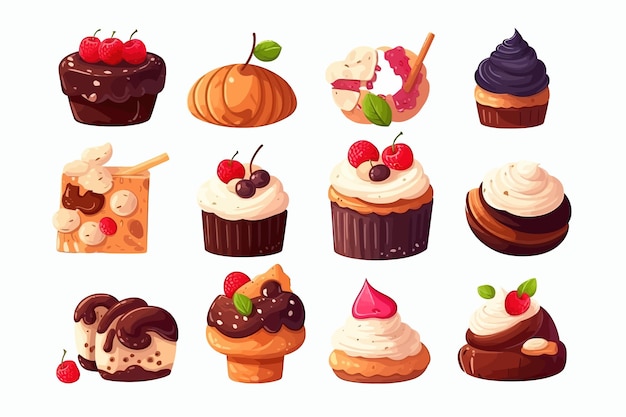 Postres dulces tortas cupcake y croissant aislado sobre fondo aislado sobre fondo blanco ilustración de dibujos animados de vector