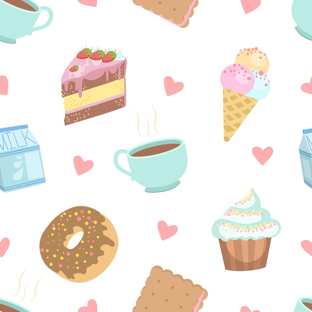Postres lindos Patrón sin costura pastel pastel pastel donut galleta helado taza de café elemento de diseño se puede usar para embalaje de papel pintado textil fondo ilustración vectorial diseño web