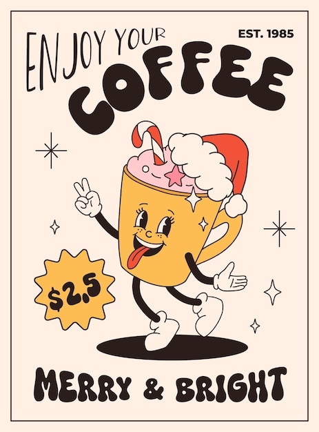 Postres de Navidad retro Groovy Santa Claus bola de árbol de Navidad cacao caliente presente en el estilo de dibujos animados vintage de moda personajes retro en los años 50 años 60 años 70 años estilo de animación