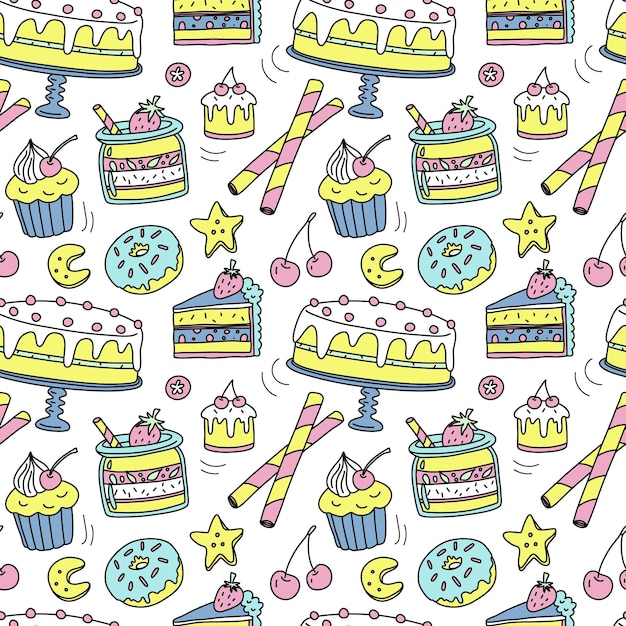 Postres patrón repetitivo sin fisuras Patrón de garabatos de dibujos animados vectoriales