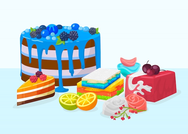 Vector postres, tortas en la ilustración de la tabla. deliciosos pasteles postres pasteles festivos decorados con varias bayas