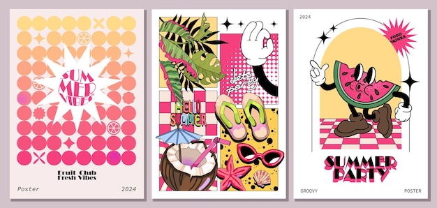 Postres de verano de los años 70 con elementos hippie y una linda mascota de dibujos animados de sandía