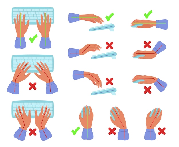 Postura de las manos del teclado y el mouse Posición correcta e incorrecta de la mano para escribir texto posiciones de muñeca y brazo para usuarios de computadoras conjunto de ilustraciones vectoriales