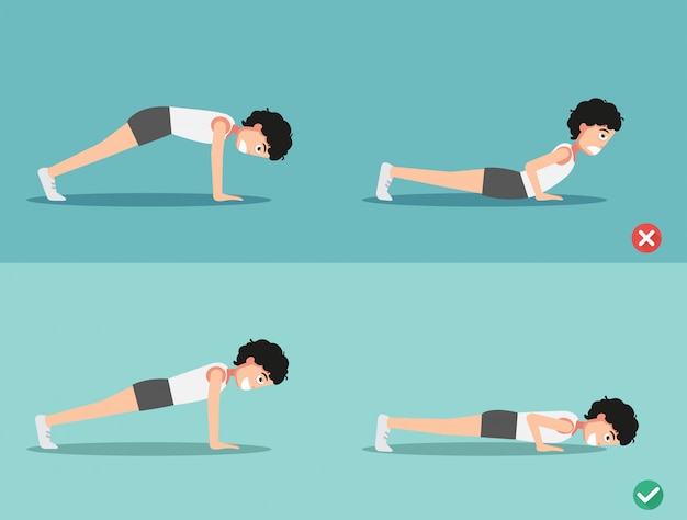 Postura de push-up incorrecta y derecha, vector