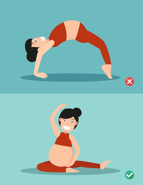 Postura de salud de las mujeres embarazadas de yoga incorrecta y correcta, vector