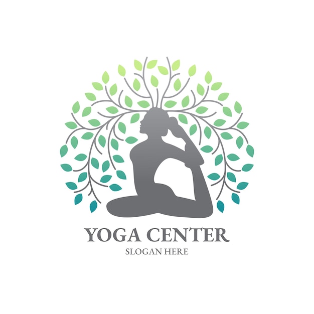 Postura de yoga con diseño de logotipo de hojas.