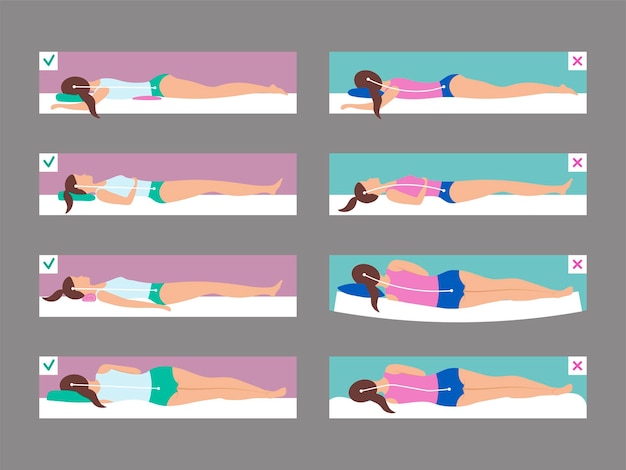 Posturas para dormir Anatomía mala y correcta para acostarse en la posición del cuerpo del sofá en el colchón infografía médica ilustraciones planas vectoriales recientes