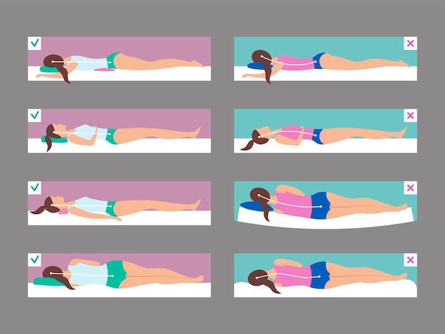 Vector posturas para dormir anatomía mala y correcta para acostarse en la posición del cuerpo del sofá en el colchón infografía médica ilustraciones planas vectoriales recientes