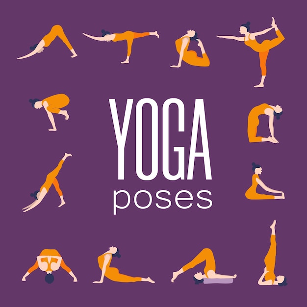 Vector posturas de yoga cartel de vector tarjeta de yoga de mujer