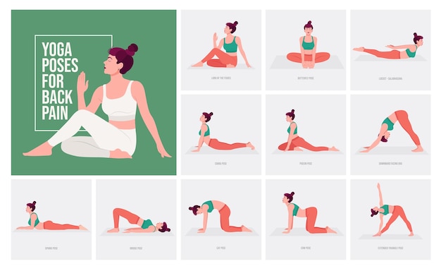 Vector posturas de yoga para el dolor de espalda mujer joven practicando posturas de yoga