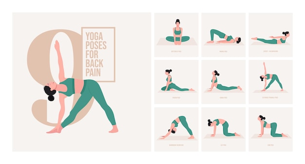 Vector posturas de yoga para el dolor de espalda mujer joven practicando posturas de yoga