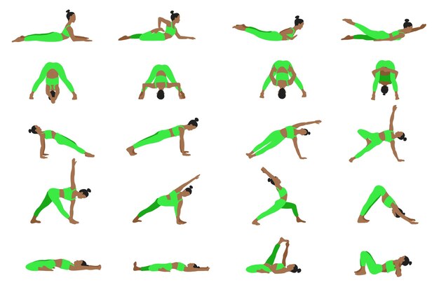 Vector posturas de yoga femeninas afroamericanas en estilo plano de dibujos animados