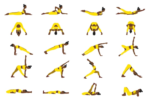 Posturas de yoga femeninas en colchonetas de jengibre en estilo plano de dibujos animados