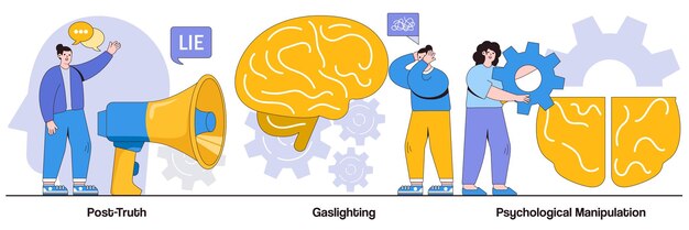 Posverdad gaslighting conceptos de manipulación psicológica con personajes de personas Paquete de ilustración de vector abstracto de ingeniería social Chantaje emocional abuso mental perdiendo metáfora