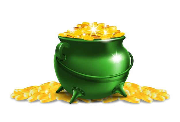 Pote verde lleno de monedas de oro con signo de trébol - símbolo tradicional del Día de San Patricio en estilo plano